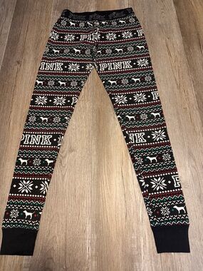PINK Victoria's Secret Black Fair Isle Logo Leggings with Red and Green Accents